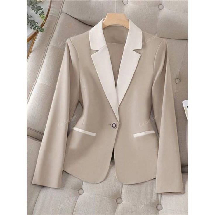 -Item Id 40823751 -Details: Button -Neckline: Lapel -Placket: Single Button -Sleeve Type: Regular Sleeve -Style: Elegant -Type: Regular -Hem Shaped: Regular -Color: Apricot -Pattern Type: Plain -Sleeve Length: Long Sleeve -Length: Regular -Temperature: Spring/Fall (18-25/63-77) -Pockets: No -Body: Unlined -Fit Type: Loose -Fabric: Non-Stretch, Slight Stretch -Material: Polyester -Composition: 95% Polyester, 5% Elastane -Care Instructions: Machine Wash, Do Not Dry Clean -Sheer: No **Open To Offer Beige Office Suits With Button Closure, Cream Blazer With Suit Collar For Office, Beige Blazer With Button Closure For Office Wear, Cream Button-up Blazer For Office, Spring Beige Suits With Buttons, Cream Long Sleeve Suits For Office, Elegant Spring Button-up Suits, Beige Buttoned Blazer For Office, Beige Blazer With Buttons For Office Wear