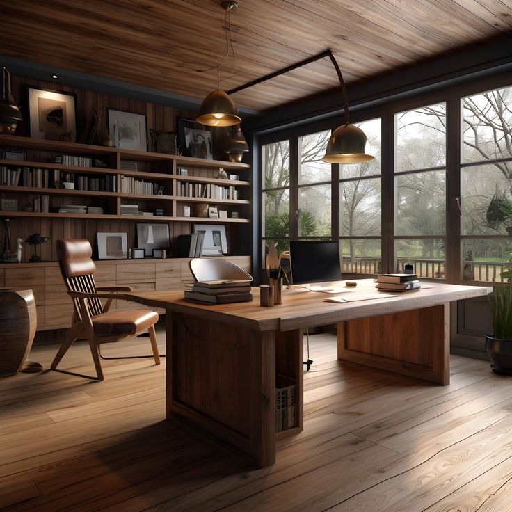 an office with wooden floors and large windows