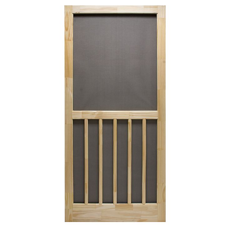 a wooden door with a screen on the top and bottom panel in front of it