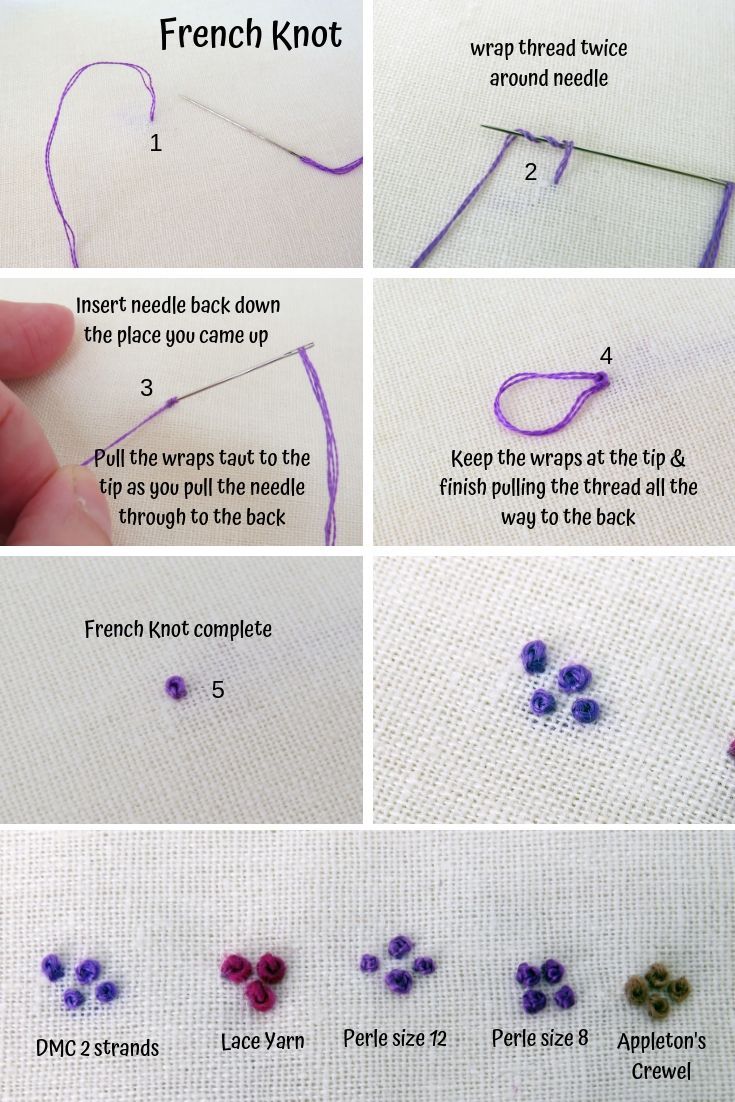 instructions for how to make a french knot with flowers on the front, and in the back