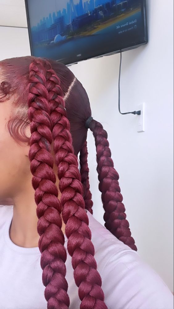 #follow #hairstyles #hairgoals #hair #redhair #beautyblog #braids #blogging #blog #blogger Red Jayda Wayda Braids, Bow Braided Hairstyles, Styles To Do With Braiding Hair, Jayda Wayda Braids With Curls, 4 Parts With 2 Braids In Each, Hairstyles To Do With Weave, Hair Styles With Braiding Hair, Jadya Wayda Braids, Cute Braiding Hairstyles