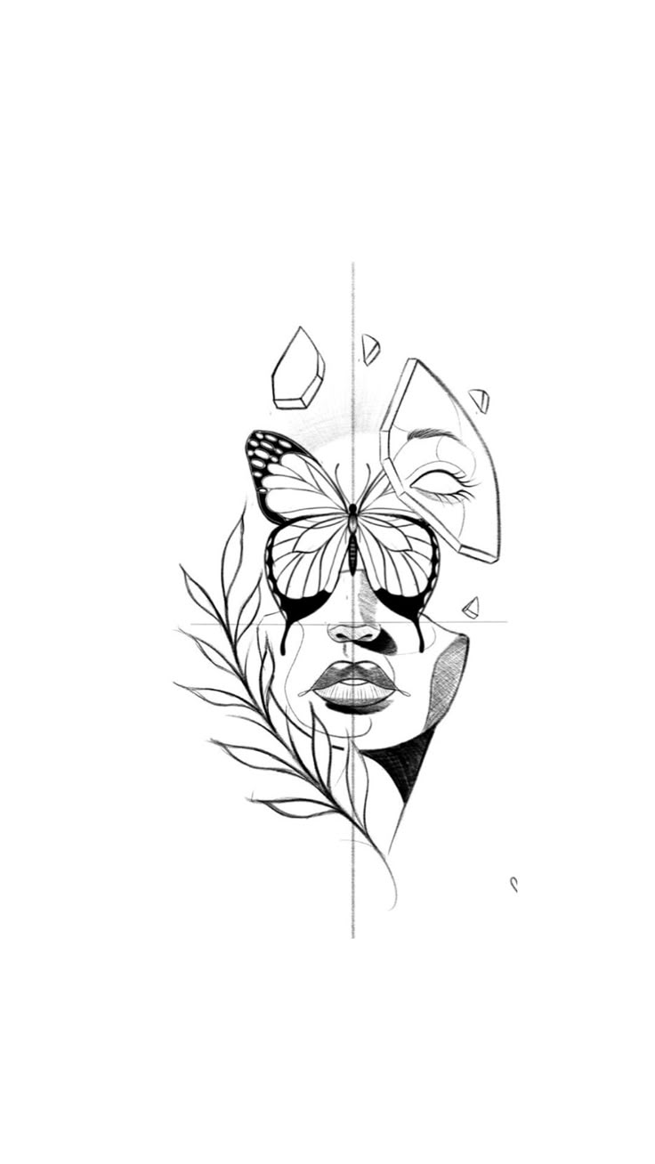 a black and white drawing of a woman's face with butterflies on her head