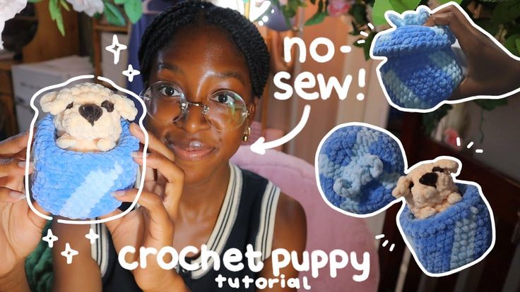 a woman holding up a crochet puppy in her hand with instructions for how to sew it