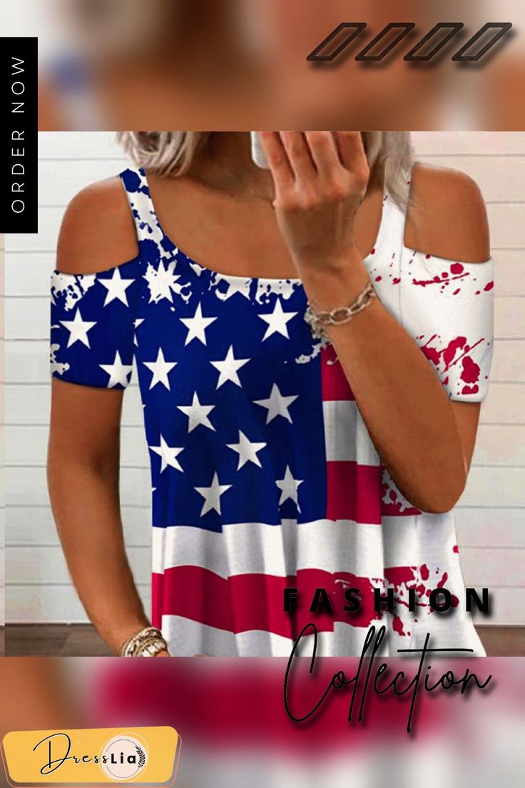 Cold Shoulder Independent Day Flag Shirt Summer Americana T-shirt With Relaxed Fit, Summer Flag Print T-shirt With Relaxed Fit, Casual Summer Blouse With Letter Print, Summer Americana Relaxed Fit T-shirt, Summer Americana Style Relaxed Fit T-shirt, Casual American Flag Print Top For Vacation, Summer Americana Crew Neck Top, Americana Crew Neck Tops For Summer, Americana Style Crew Neck Summer Tops