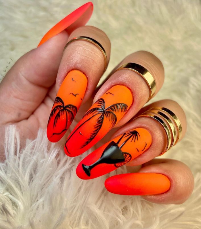 Palm And Drinks Summer Ombre Nails Flip Flop Nails, Summer Ombre Nails, Tropical Nail Designs, Neon Orange Nails, Palm Nails, Orange Acrylic Nails, Drinks Summer, Neon Nail Designs, Orange Nail Designs