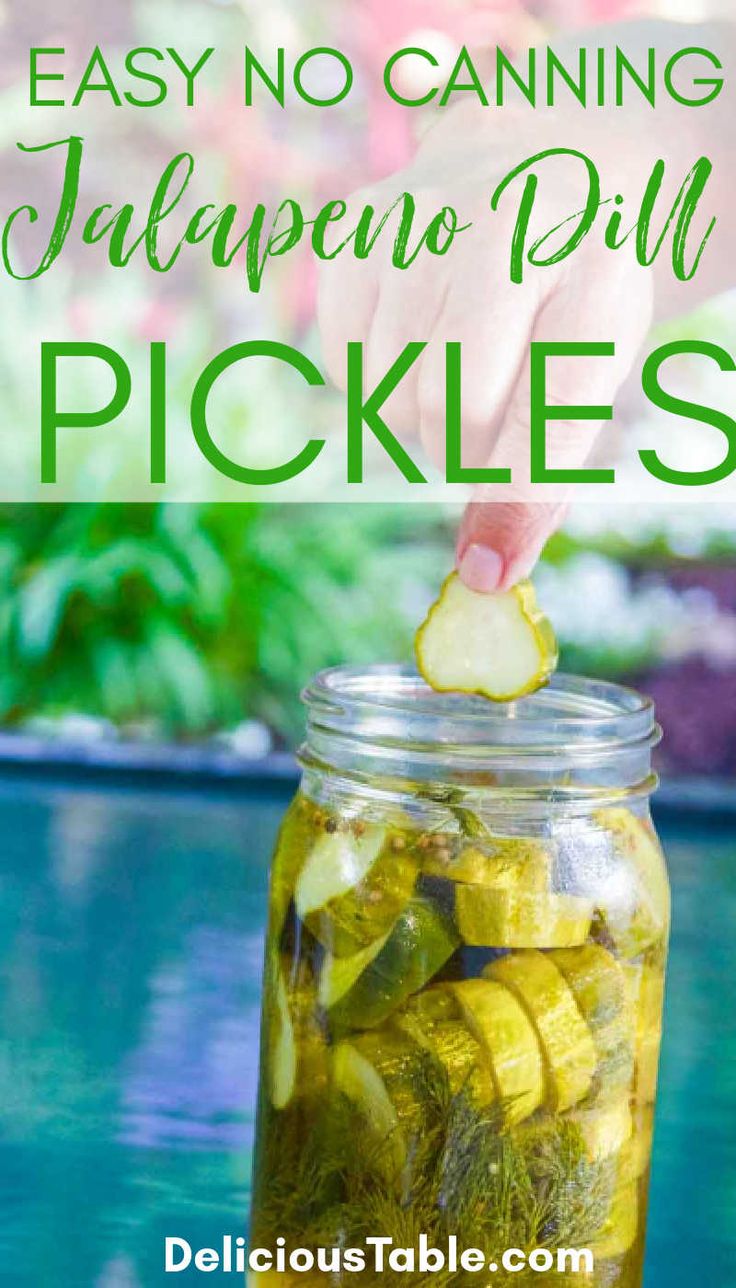 pickles in a jar with text overlay saying easy no canning jalapeno dill pickles