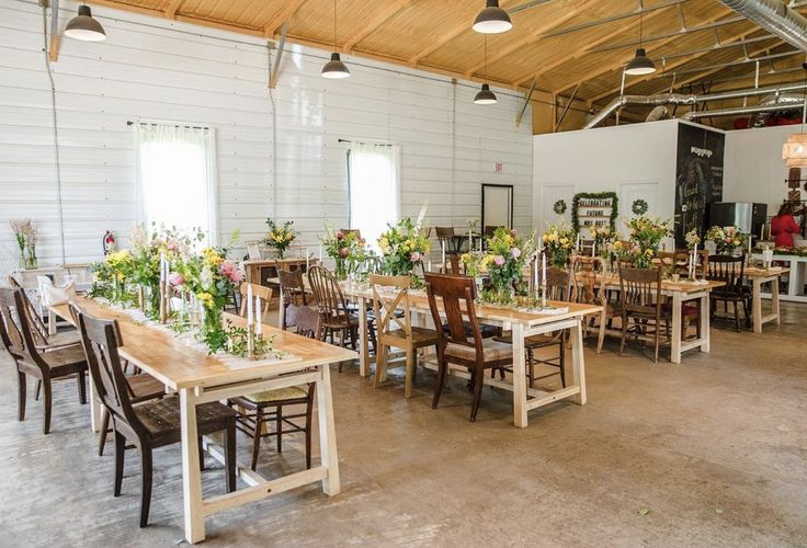 a room filled with lots of tables and chairs covered in floral centerpieces on top of each table