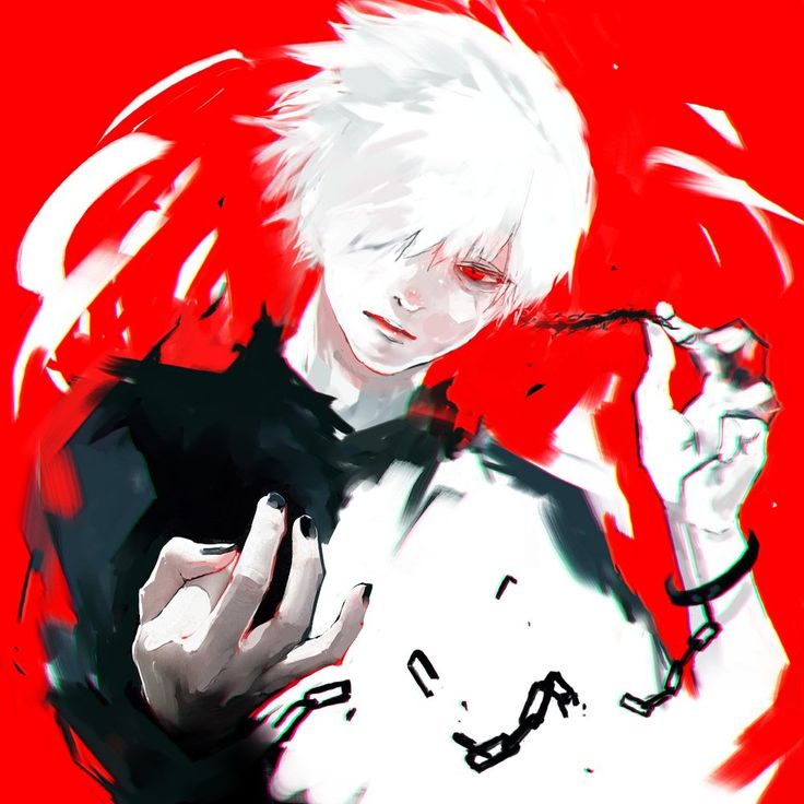 an anime character with white hair and red eyes holding his hand up to the side