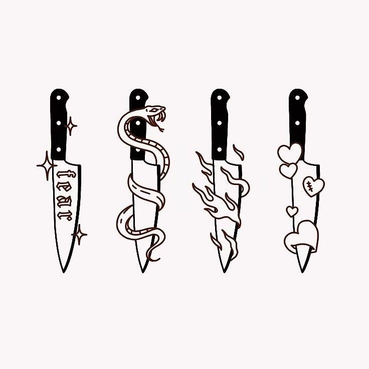 four different types of knives with tattoos on them