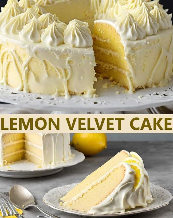 a lemon velvet cake with white frosting on top