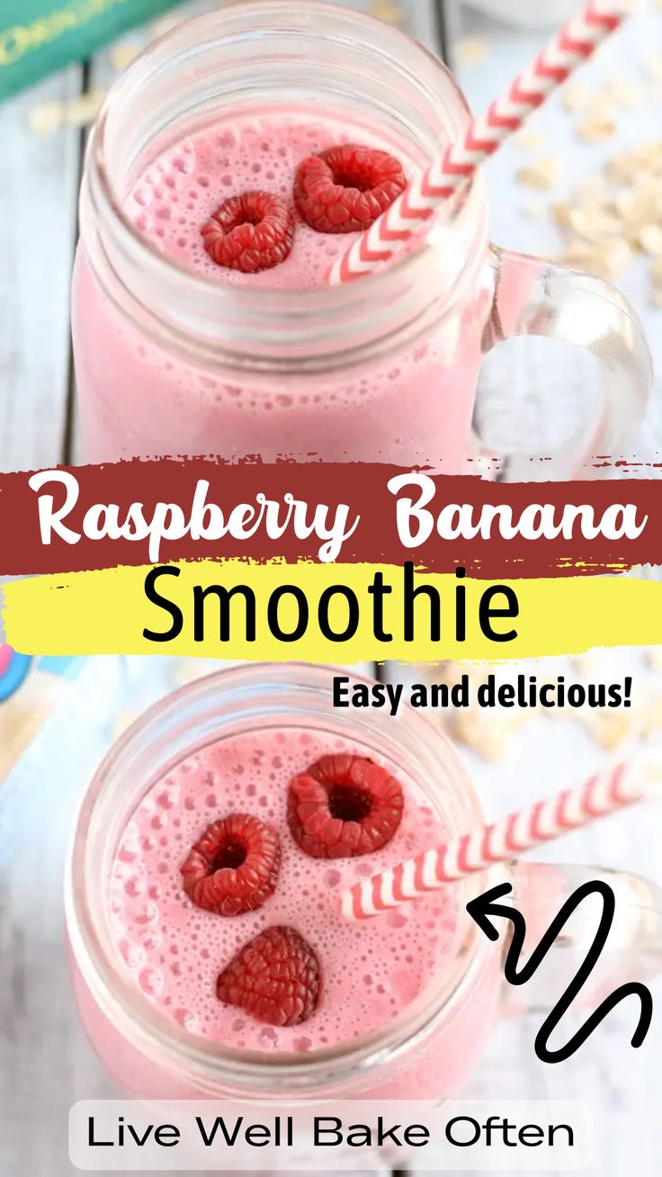 raspberry banana smoothie in a mason jar with strawberries