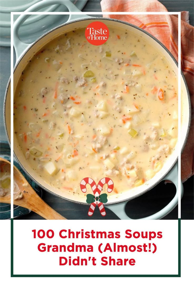 a large pot filled with soup next to some candy canes and peppermints