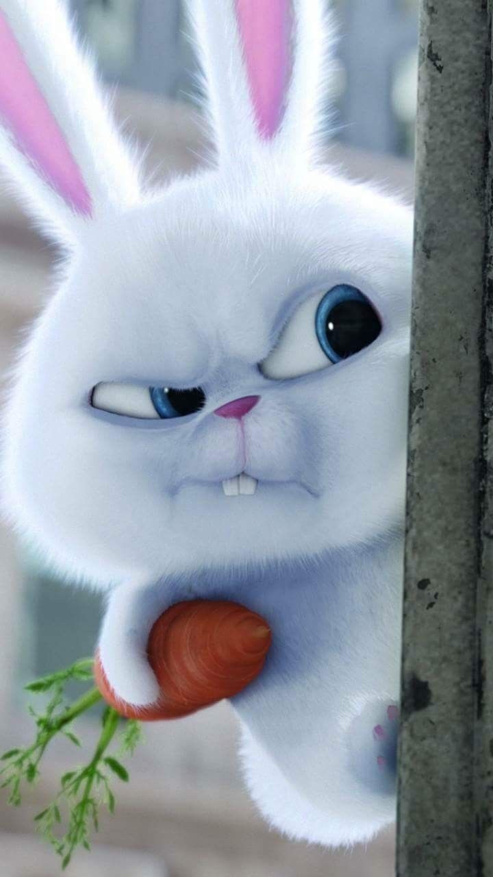 a white rabbit with blue eyes holding a carrot in it's mouth while standing next to a pole