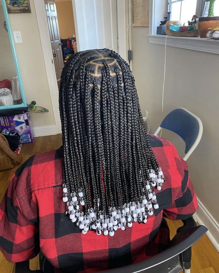 Box Braids With White Beads, Medium Size Braids With Beads, Knowles’s With Beads, Medium Box Braids Medium Length, Mid Length Box Braids With Beads, Medium Length Knotless Braids With Beads, Medium Length Braids With Beads, Medium Braids With Beads, Shoulder Length Box Braids