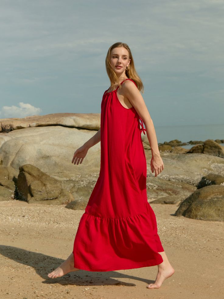 Olivia Open Back Maxi Dress in red | Red Maxi Dress | Open back dress in red Summer Beach Maxi Dress With Knotted Straps, Summer Maxi Dress With Knotted Straps For Beach, Beach Maxi Dress With Knotted Straps, Vacation Dress With Adjustable Straps In Red, Casual Maxi Dress With Knotted Straps For Vacation, Red Vacation Dress With Adjustable Straps, Red Ruffled Maxi Dress For Beach, Red Beach Dress With Adjustable Straps, Red Ruffled Maxi Dress For Vacation