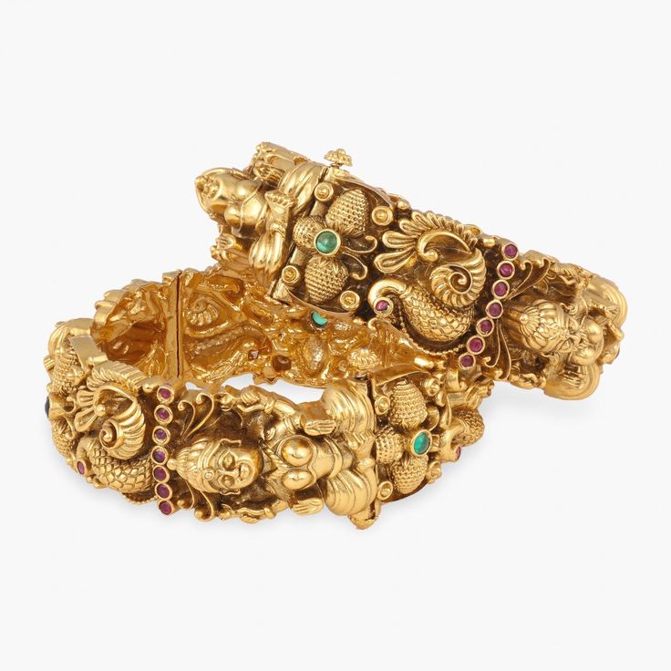 Ketaki Antique Temple Bangles Temple Bangles, Gold Ruby Necklace, Antique Bangles, Peacock Motifs, Custom Bangle, Temple Jewelry, Buy Jewellery Online, Indian Temple, Indian Jewellery Design