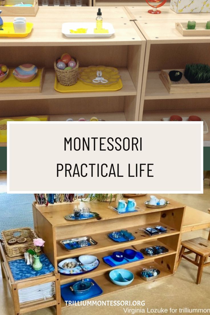 the montessori practical life is displayed in front of shelves with plates and bowls on them