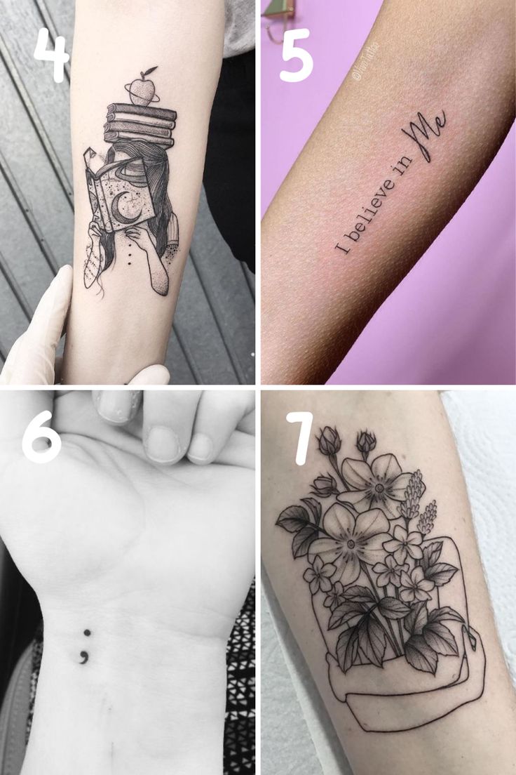 four different tattoos on the arms and arm, one with flowers in potted pots