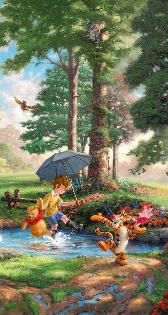 winnie the pooh and tigger playing with an umbrella by a stream in a forest