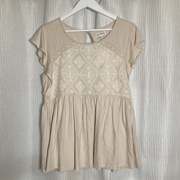 A Light And Fun, Never Worn, Coconut Tan Blouse In Fantastic Condition And Needing A Loving Home. Size Medium. New With Tags. Feminine Beige Blouse For Summer, Beige Short Sleeve Blouse With Lace Top, Beige Feminine Lace Top For Summer, Beige Short Sleeve Lace Top Blouse, Feminine Beige Lace Top For Summer, Beige Lace Top Short Sleeve Blouse, Fitted Beige Blouse For Vacation, Feminine Beige Blouse For Vacation, Feminine Beige Blouse For Beach