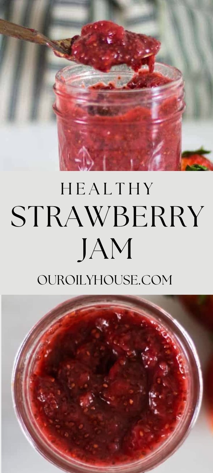 strawberry jam in a jar with the words healthy strawberry jam on top and below it