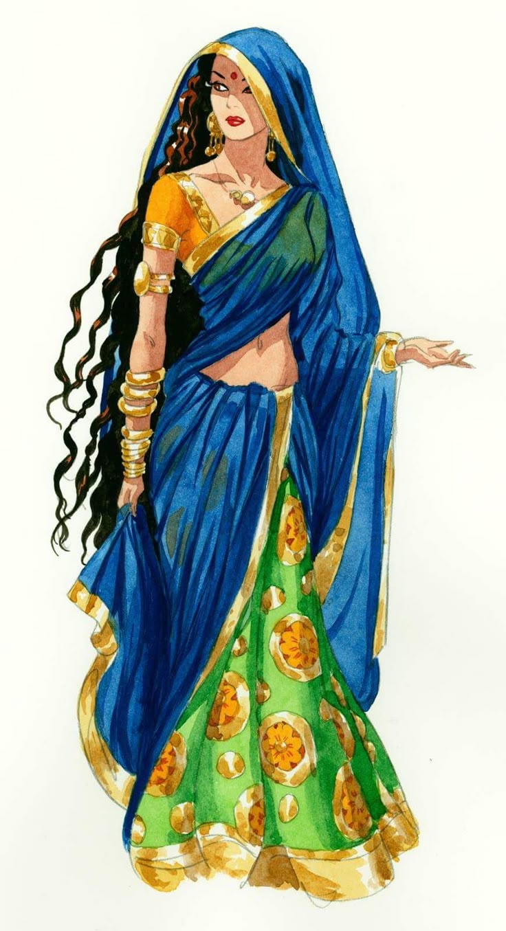 a drawing of a woman in a blue and green sari with her arms out