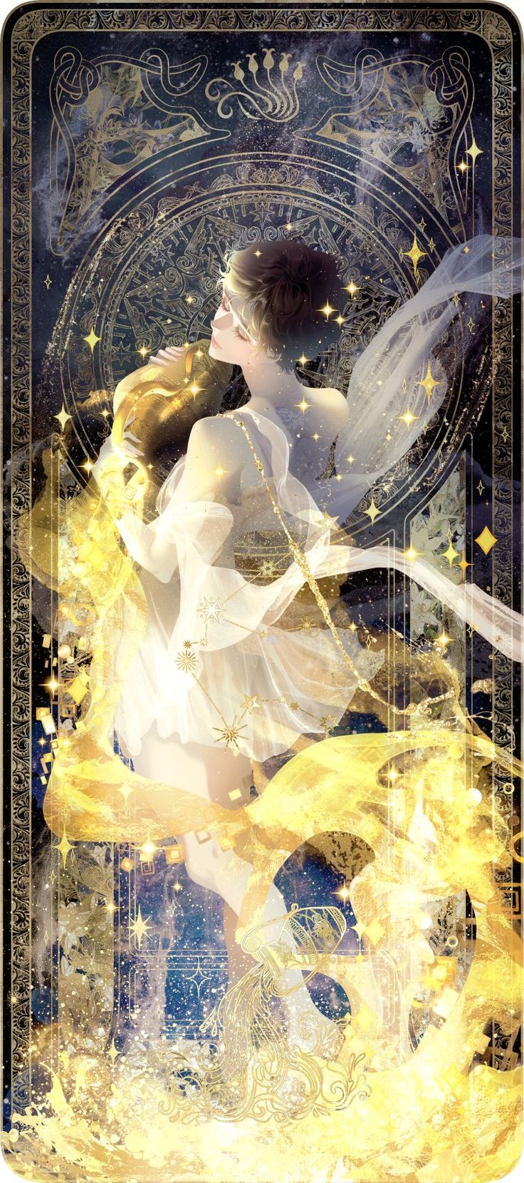 a woman dressed in white and gold is surrounded by stars