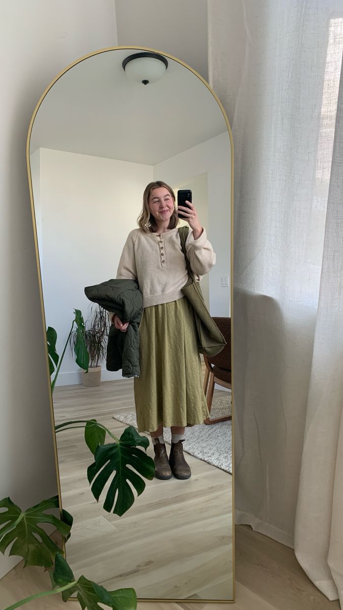 Chartreuse maxi dress, cream sweater, blundstones outfit, fall colors Dress With Blundstone Outfit, Blundstones And Dresses, Blundstone Outfit Dress, Me Made Wardrobe, Blundstone Dress Outfit, Blundstone Outfit Winter, Maxi Sweater Dress Outfit, Blundstones Outfit, Sweaters Over Dresses