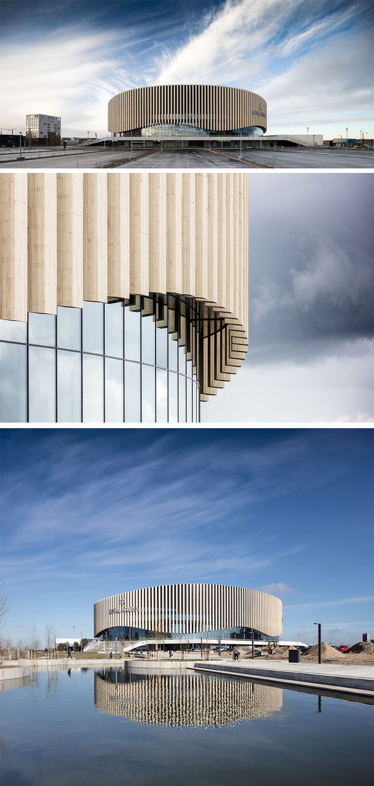 three different views of a building with water in the foreground and on the right