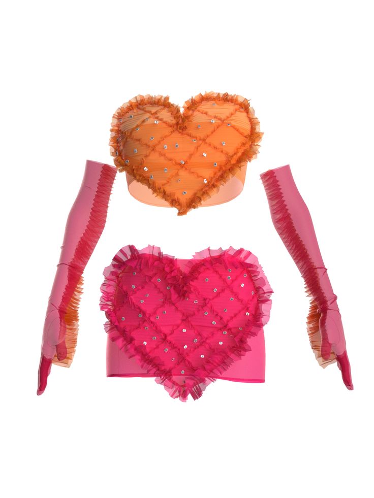 Set consists of micro skirt, cropped top and gloves. THIS IS A DIGITAL ITEM, IT ONLY EXISTS DIGITALLY AND WILL BE APPLIED TO YOUR PHOTO(s). Color: pink, orange. Material: digital organza. Digital clothes fit all sizes. About the brand: Sudi Etuz is an Istanbul based fashion designer whose signature style reflects innovation and conceptual designs. In his first collection for DRESSX, designer is questioning the difference between reality and digital. How can reality be described? Carefully picked Abstract Clothing Design, Heart Rave Outfit, Burlesque Costumes Diy, Valentines Day Editorial, Rave Inspo Outfits, Pink Rave Outfit, Heart Shaped Top, Kitsch Fashion, Heart Skirt