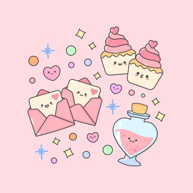 cute kawaity wallpaper with cupcakes and an envelope on pink background