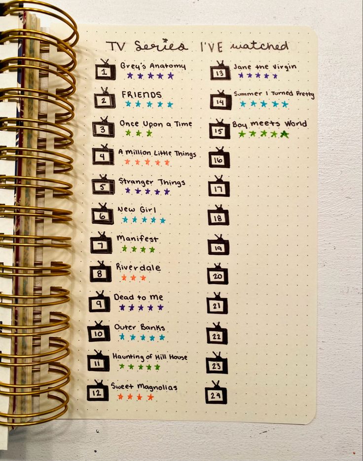 This list helps me remember which shows I have recently watched & and the rating I gave it! doodles, television shows, tracker, bullet journal, notebooks, ratings, movies, must-watch list Journal Tv Show Tracker, Movies Watched Journal, Rating Aesthetics, Movies Tracker Bullet Journal, Bujo Tv Show Tracker, Movies To Watch Journal Page, Movie List Bullet Journal Ideas, Bullet Journal Tv Show Tracker, Movie Rating Journal