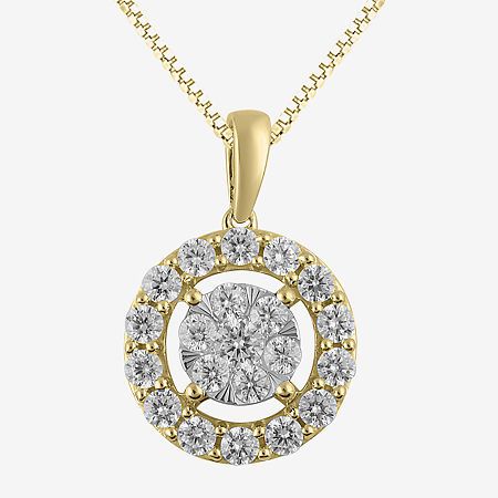 Crafted in 14K two-tone gold, this women's pendant necklace features a box chain and 21 genuine white diamonds. Its sophisticated design seamlessly blends modern and classic styles.Features: Certified Diamonds, Quick ShipDiamond Clarity: I1Jewelry Closure: Spring Ring ClaspSetting: Multi-SettingShape: RoundStone Cut: RoundDiamond Color: IMetal Color: YellowChain Length: 18 InchChain Width: .57 MillimetersChain Gauge: 040Pendant Length: 19.9mmPendant Width: 13.3mmRounded Carat Weight: 1 Ct. T.w.C Anniversary Yellow Gold Necklace With Halo Setting, 14k Gold Necklaces With Halo Design, Gold Round Pendant Jewelry With Halo Design, Gold Pendant Necklace With Halo Setting, Yellow Gold Halo Diamond Necklace For Anniversary, Yellow Gold Necklace With Halo Setting Round Pendant, Yellow Gold Necklace With Round Halo Pendant, Classic Gold Necklace With Halo Setting, Gold Diamond Necklace With Halo Setting For Anniversary