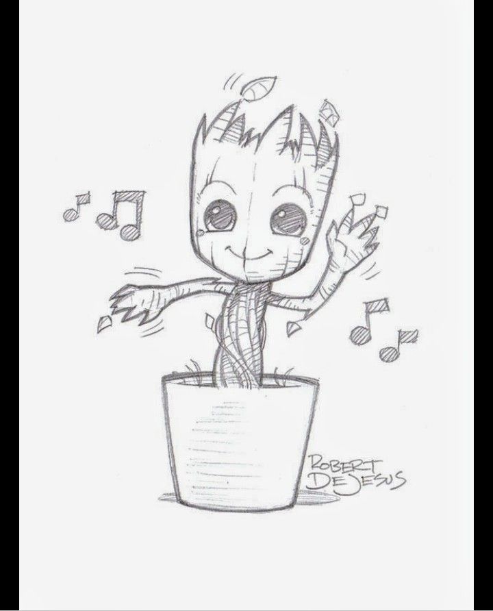 a drawing of a baby groote in a pot with music notes coming out of it