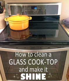 a microwave oven with an advertisement on the glass top and it says, how to clean a glass cook - top and make it shine