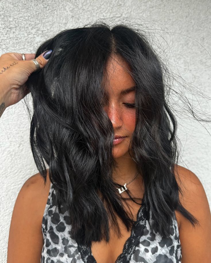 This babe wanted to join the dark side for this school year. Sometimes all black hair just hits different! Colored with @redkenpro Styled with @igkhair @aiirprofessional @bioionic @kevin.murphy #mastercolorist #redken #newhairschoolhair #newschoollook #fallhairinspo #fallhaircolor #blackhair #shinysilkyhair #hairtransformation #coloredbyredken #utahhair #utahhairgirl #utahmastercolorist #utahisrad #utahsmallbusiness #smallbusiness Black Gloss Hair, Off Black Hair Color, Warm Tone Black Hair, Jet Black Hair Short, Dark Medium Hair, Dark Black Brown Hair, Black Hair Curtain Bangs, Short Jet Black Hair, Jet Black Short Hair