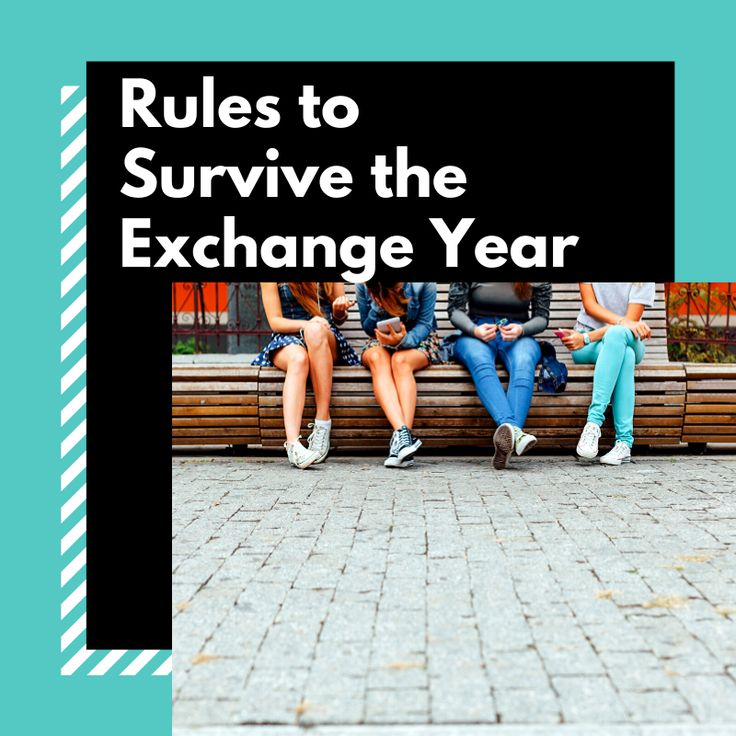 four people sitting on a bench text reads rules to survive the exchange year