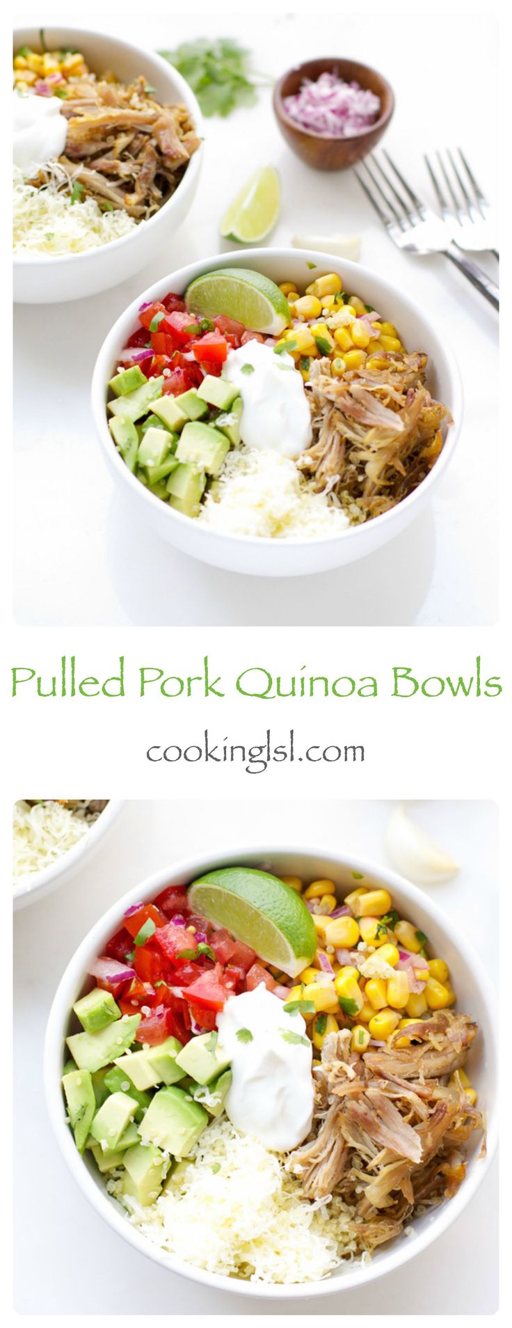 two bowls filled with pulled pork quinoa bowls