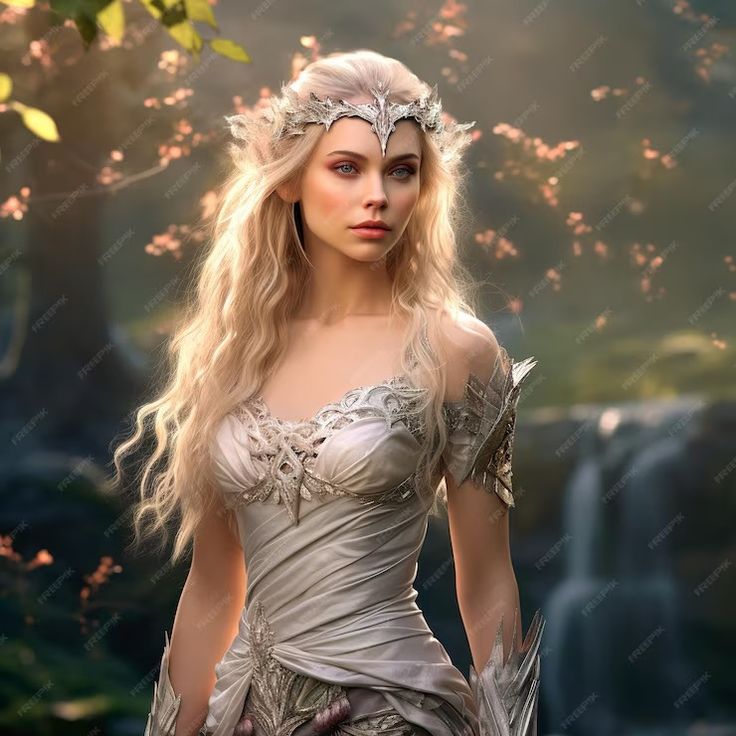 a woman dressed as a fairy standing in front of a waterfall wearing a tiara