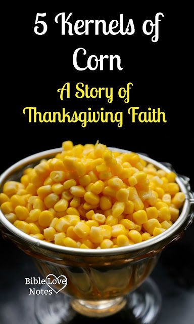 corn in a metal bowl with the words, 5 kernels of corn a story of thanksgiving