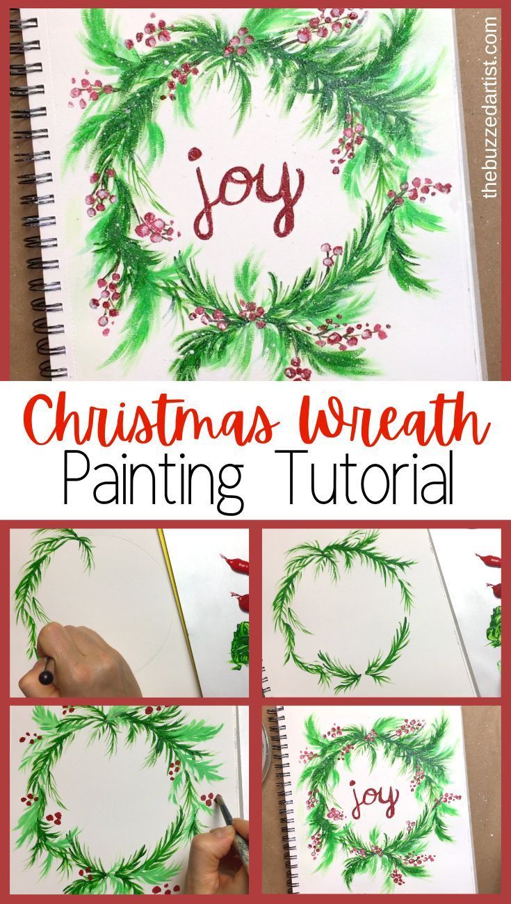 christmas wreath painting with watercolors on paper, and the words joy written in red