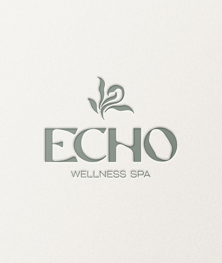 the logo for echo's health and spa is shown in grey on a white background