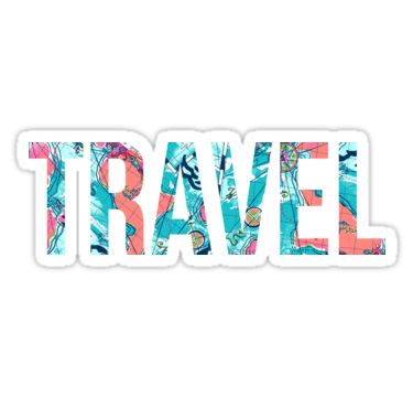 the word travel written in colorful paint on a white background with pink and blue flowers