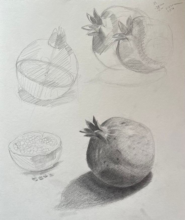 a drawing of some fruit on a white paper with other drawings in the back ground