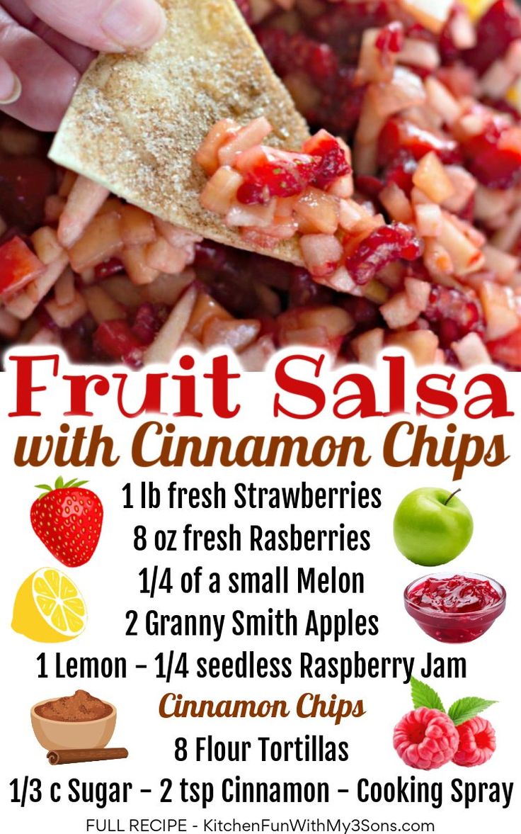 a poster advertising fruit salsa with cinnamon chips and fresh strawberries, strawberrys, lemons, cranberries, raspberries