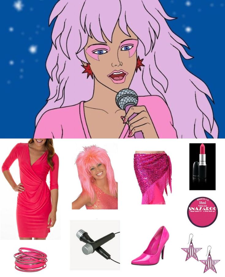 a woman with pink hair holding a microphone in her hand and other items around her