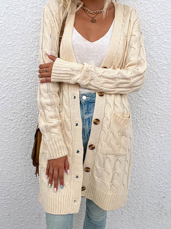 Urban Simple Loose Buttoned Solid Color Jacquard Cardigan Coat Bean Green-XL Cardigan Casual, Longline Cardigan, Cardigan With Pockets, Winter Vest, Duster Cardigan, Cardigan Long, Cable Knit Cardigan, Button Cardigan, Turndown Collar