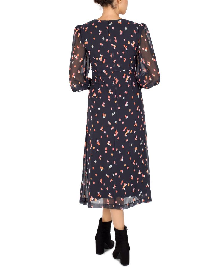 From office days to date nights, this classic unique polka print midi dress is designed with a deep v-neckline, balloon sleeves with button closures, and a back zip closure for a comfy and chic look. Casual V-neck Midi Dress With Pleated Sleeves, Chic Mid-length Puff Sleeve Dress For Work, Spring Polka Dot Midi Dress For Work, Knee-length Midi Dress With Gathered Sleeves For Work, Chic Midi-length Puff Sleeve Dress For Work, Fall Polka Dot V-neck Midi Dress, Fall V-neck Polka Dot Midi Dress, Chic Puff Sleeve Midi Dress For Work, Elegant Polka Dot V-neck Midi Dress