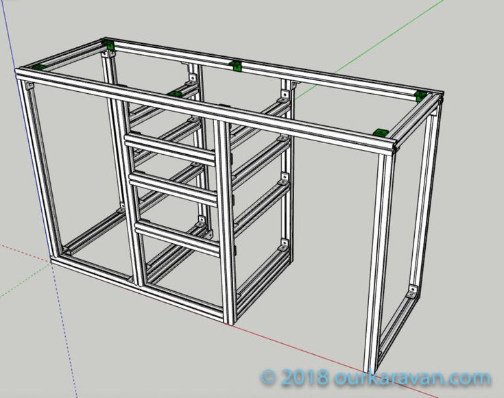 an image of a 3d rendering of a kitchen cabinet with drawers and shelves on the side