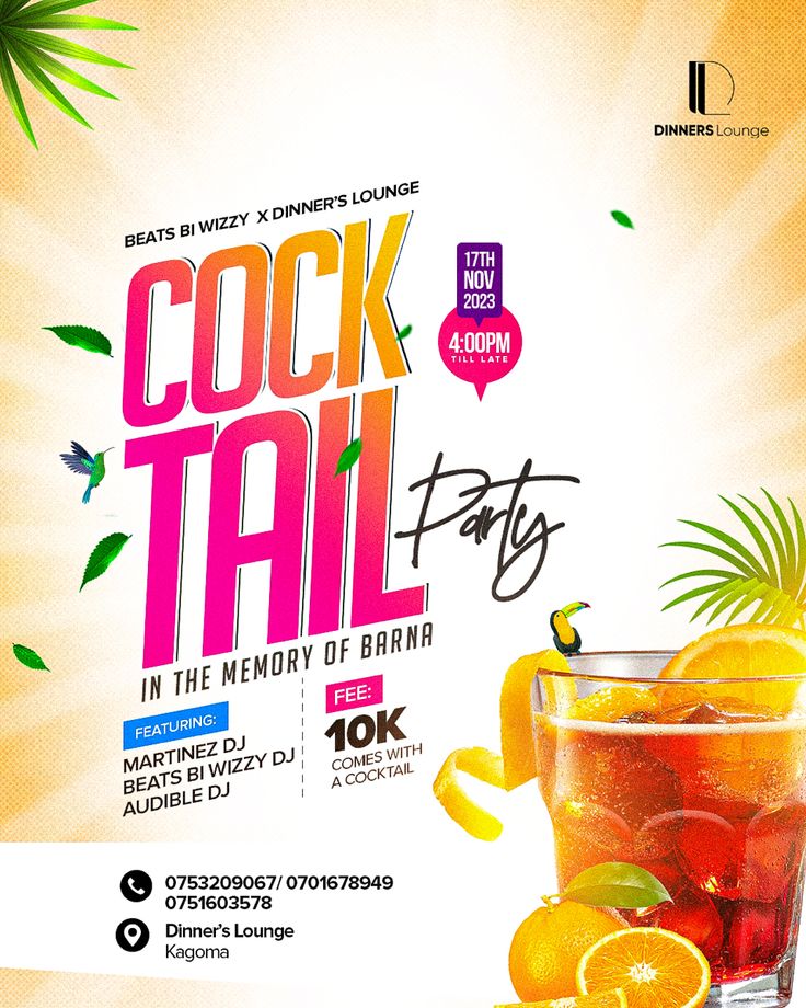 an advertisement for cocktail party with oranges